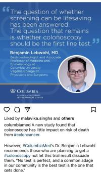 Screenshot of a post from Columbia Medicine's Instagram account